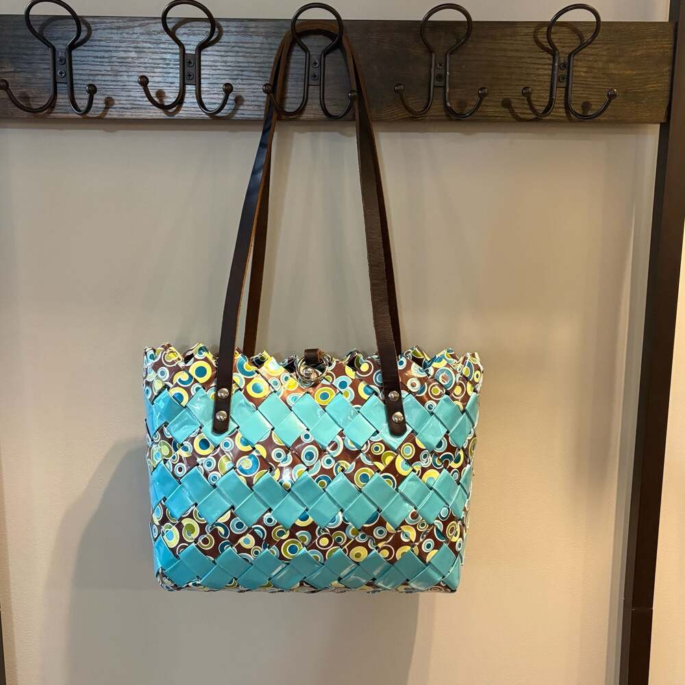 Artisan Handwoven Tote Bag Turquoise Brown Green